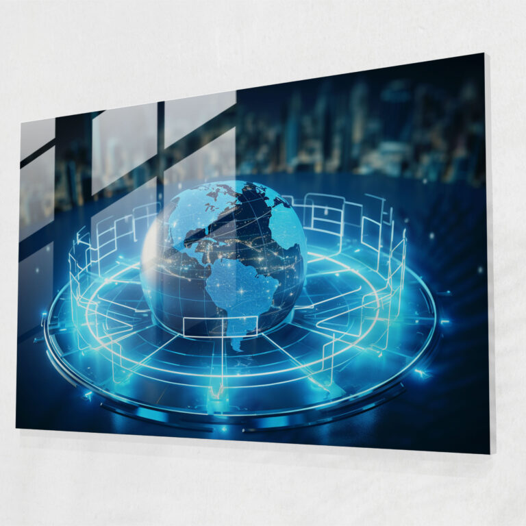 World Map Glass Print - Futuristic Holography - World Map 2, Home Decoration, Technology, Wall Decoration