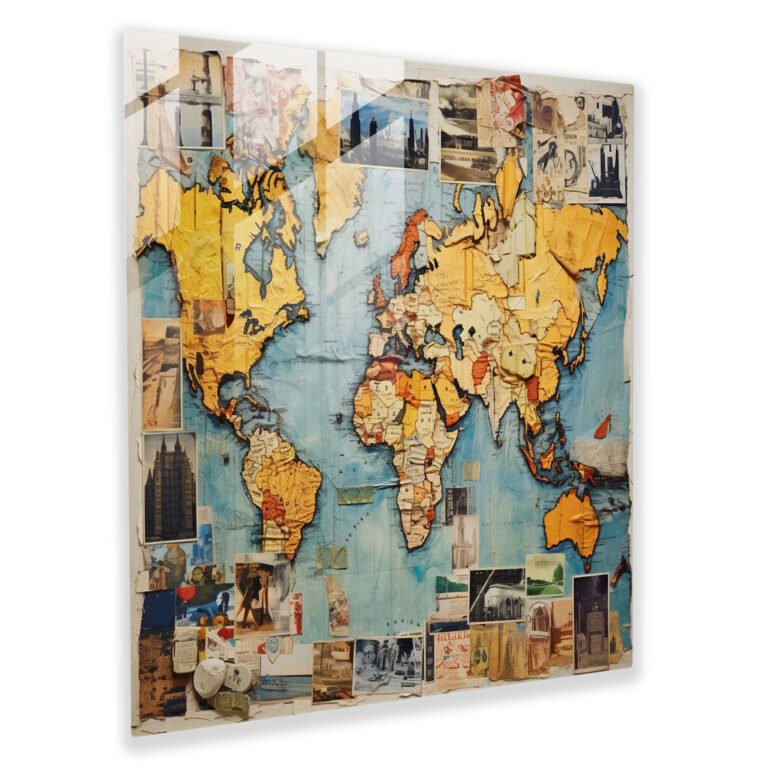 World Map Glass Print - Collage Art - World Map, Home Decoration, Collage Art, Glass Print