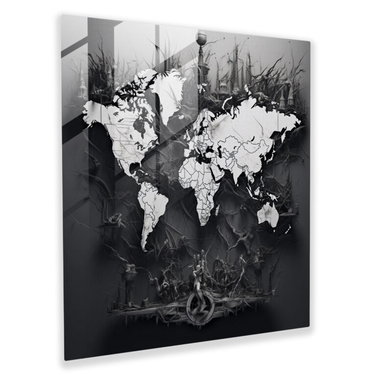 World Map Glass Print - Black And White Photography - World Map, World Map, Glass Print, Glass Wall Art