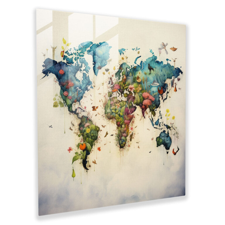 Watercolor World Map Glass Print - World Map, Wall Decoration, Flora, Home Decoration