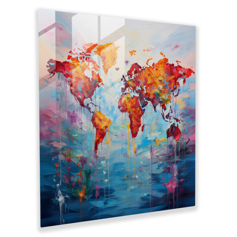 Impressionist World Map Glass Print - World Map, Impressionist Painting, Glass Wall Art, Home Decoration