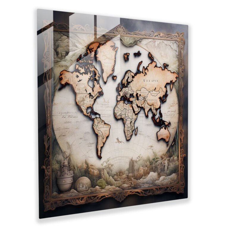 World Map Glass Print - Calligraphy And Mixed Media - World Map, Home Decoration, Glass Print, World Map