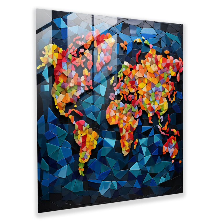 Geometric World Map Glass Print - World Map, Glass Tiles, Wall Decoration, Unique