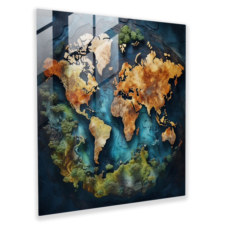 Aerial World Map Glass Print - World Map, Glass Art, Home Decoration, Wall Decoration
