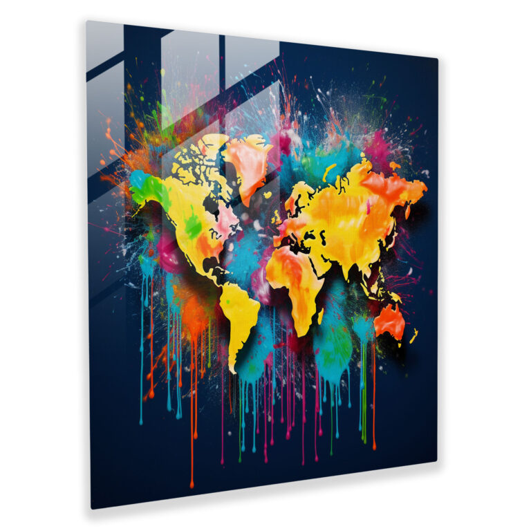 Paint Splatter World Map Glass Print - World Map, Home Decoration, Wall Decoration, Glass Art