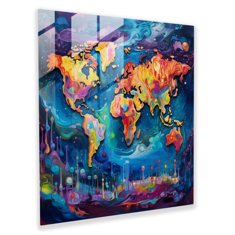 World Map Glass Print - Abstract Acrylic Painting - World Map, Glass Wall Art, Vibrant Colors, Wall Decoration
