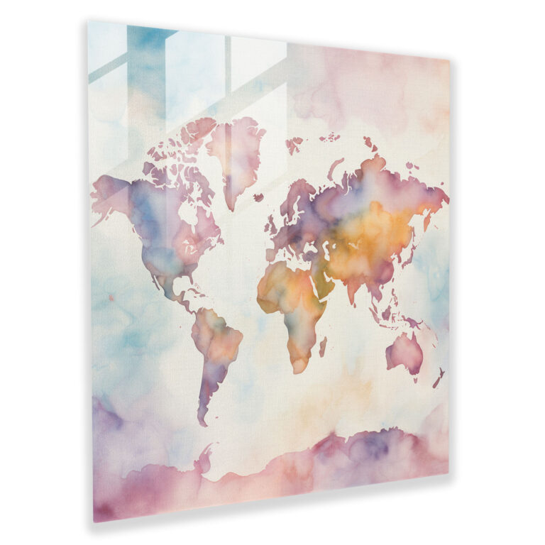 World Map Glass Print - Watercolor Pastel Painting - World Map, Glass Print, Modern Art, Watercolor Painting
