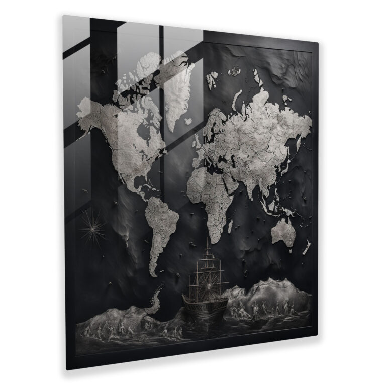 World Map Glass Print - Black And White Classic Design - World Map, Timeless Allure, Wall Decoration, Modern Art
