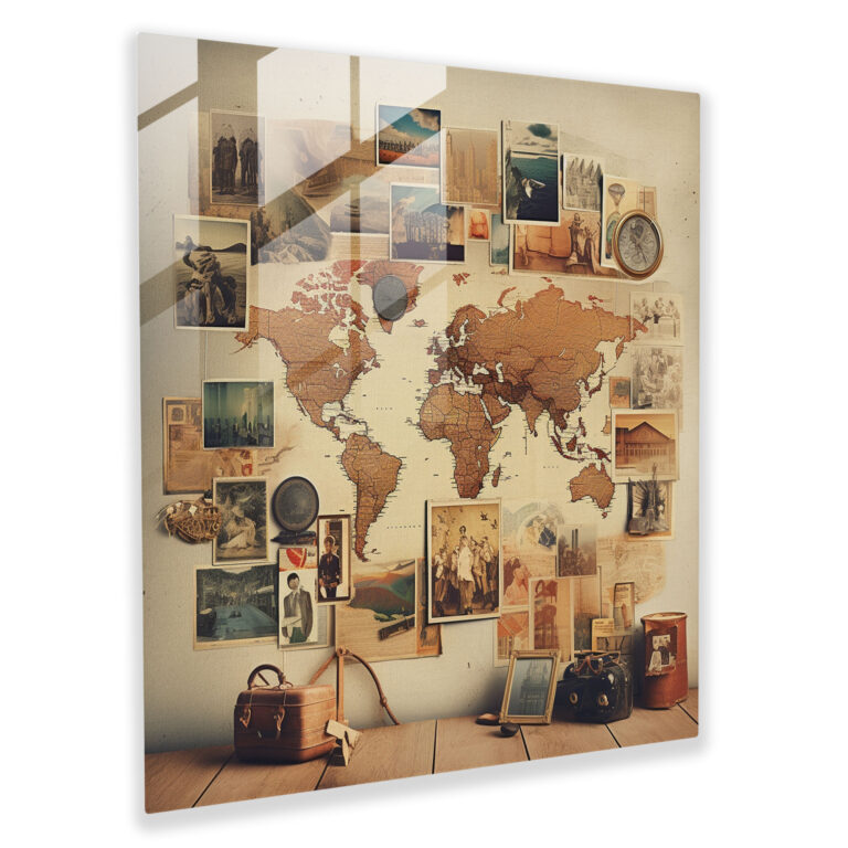 World Map Glass Print - Collage Vintage And Modern Design - World Map, Wall Decoration, Vintage Photographs, Glass Wall Art