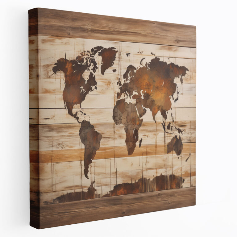 Rustic World Map Canvas Print - World Map, Wooden Background, Wall Decoration, Distressed