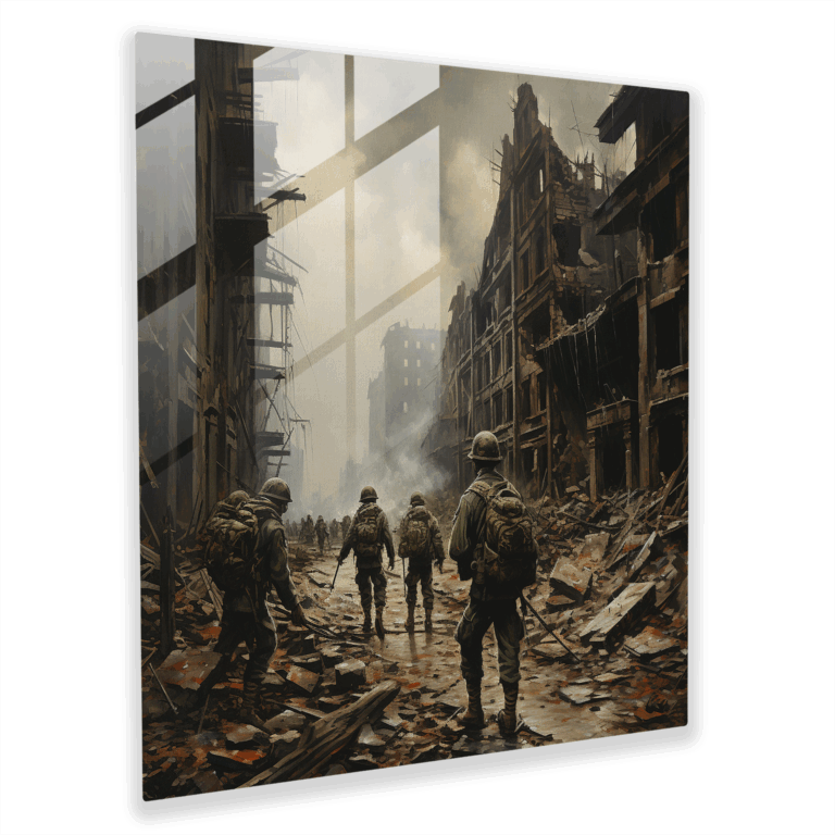 Forgotten Ruins Glass Print - Soldiers Marching through Devastated City - Realistic Oil Painting Glass Wall Art