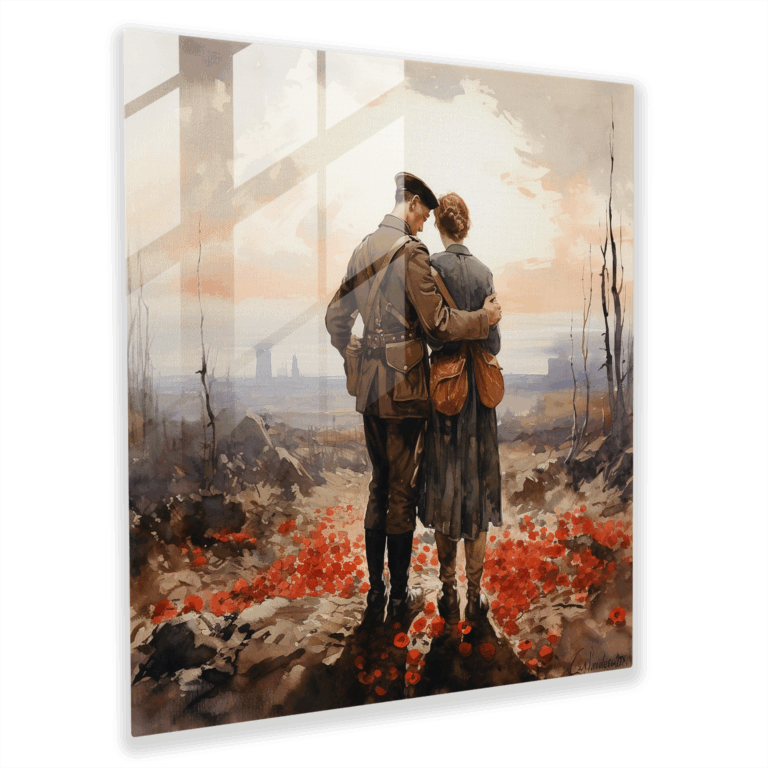Whispering Farewell Glass Print - Soldiers Bidding Farewell - Romantic Watercolor Glass Wall Art
