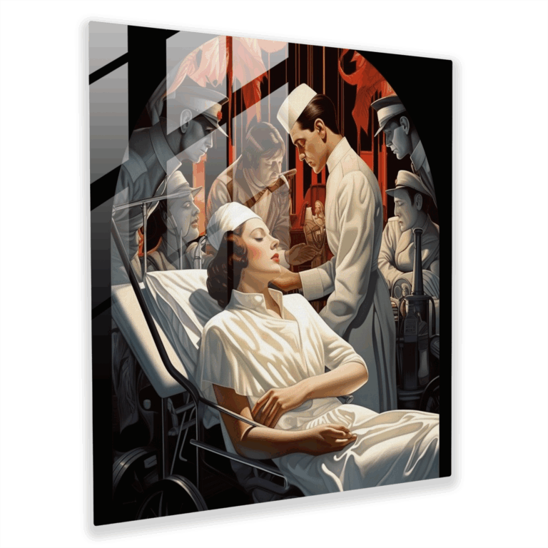 Art Deco Glass Print - Elegant Nurse Caring for Wounded Soldiers - High Quality Glass Wall Art for Vintage Home Decoration
