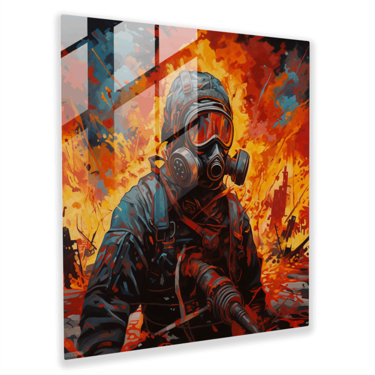 Expressionist Glass Print - Fiery Explosions with Gas Mask-Clad Soldier - High Quality Glass Wall Art for Bold Home Decoration
