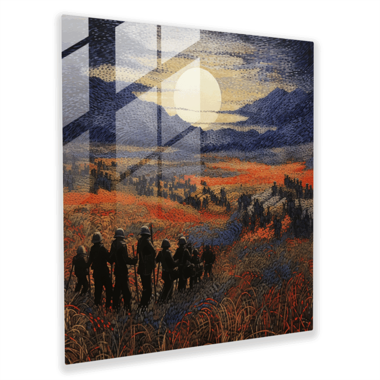Pointillist Glass Print - War-Torn Landscape with Advancing Soldiers - High Quality Glass Wall Art for Creative Home Decoration