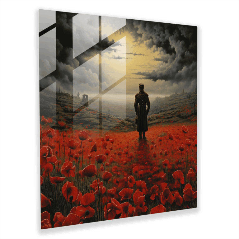 Symbolist Glass Print - Poppy-Filled Field and Lone Soldier - High Quality Glass Wall Art for Thoughtful Home Decoration
