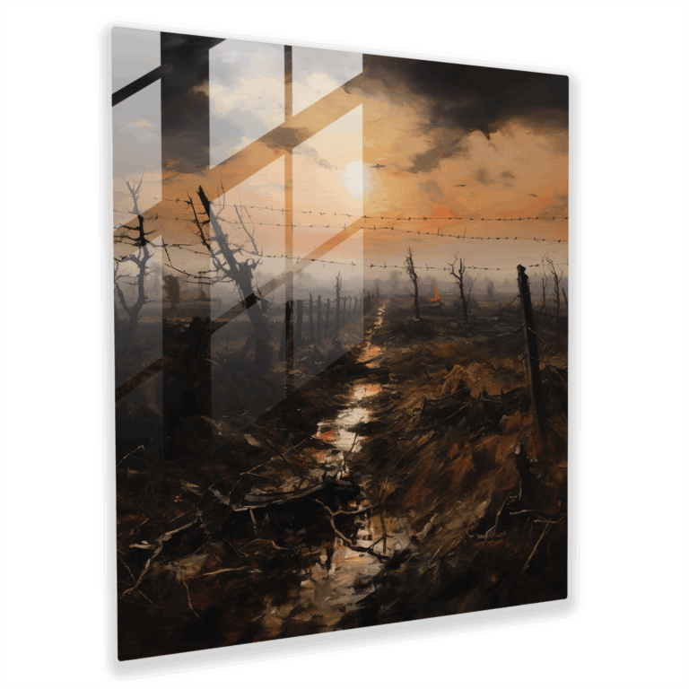 Enigmatic Strokes - Glass Print of Devastated Landscape with Barbed Wire and Artillery - Glass Wall Art for Home Decoration