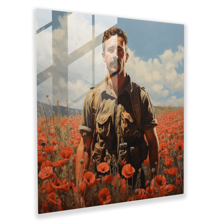 Majestic Remembrance - Glass Print of Soldier Portrait with Field of Poppies - Glass Wall Art for Home Decoration