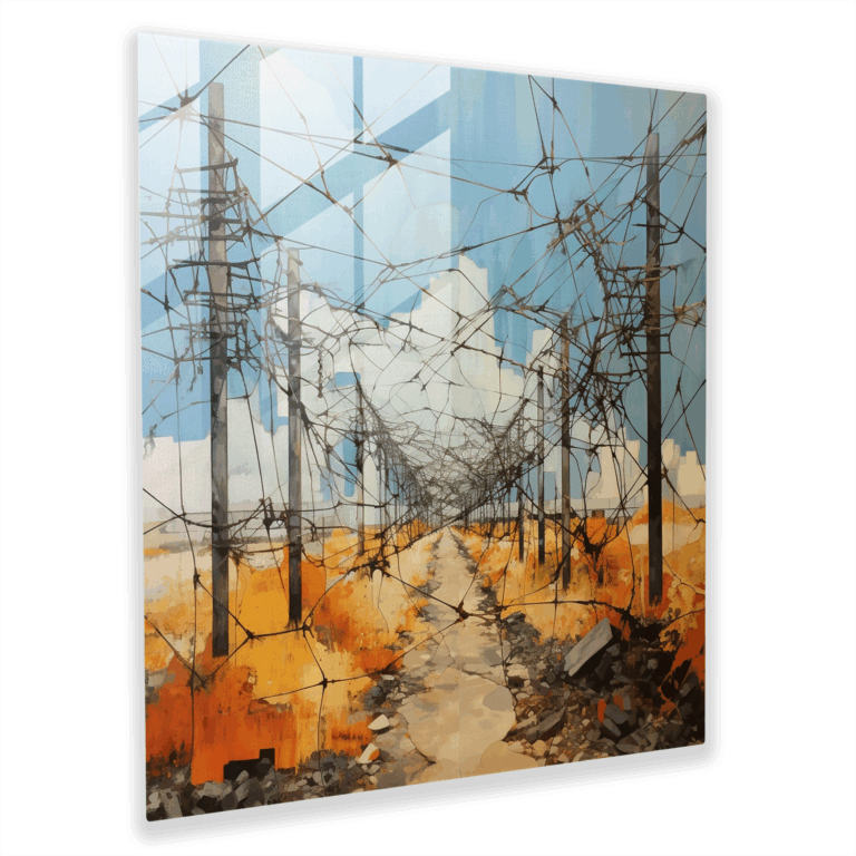 Labyrinthine Constraints - Glass Print of Intertwining Trenches and Barbed Wire - Glass Wall Art for Wall Decoration