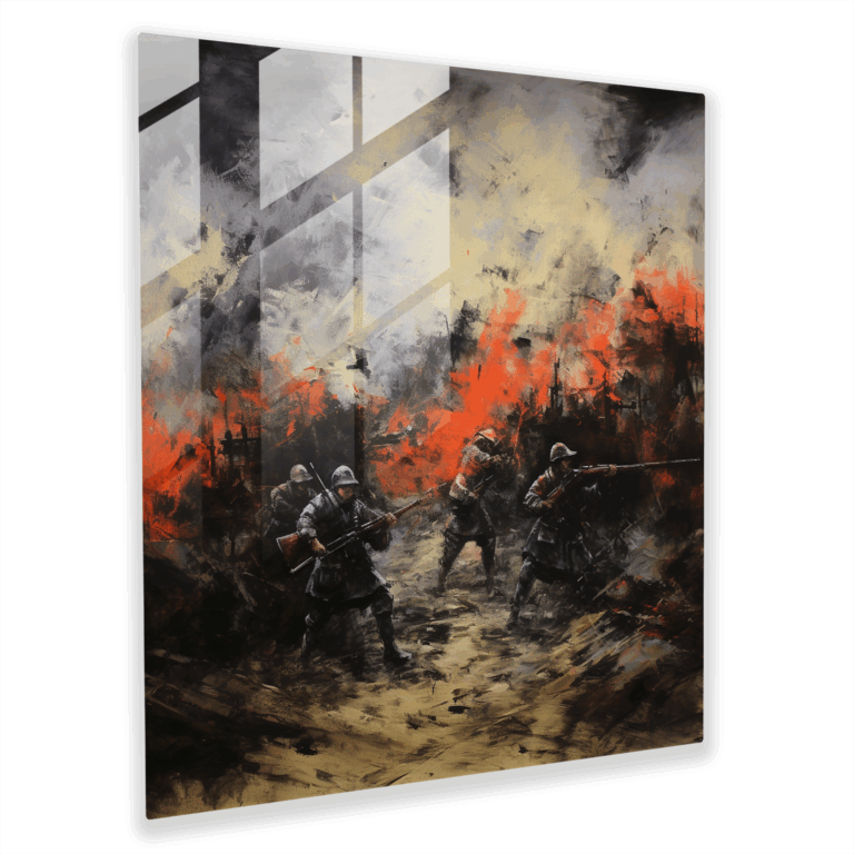 Vibrant Canvas Gallery Glass Print - Abstract Expressionist Soldiers in Trenches Glass Wall Art - Home Decoration and Wall Decor
