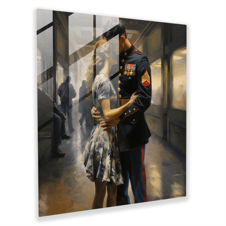 Romantic Glass Print of Impressionistic Soldier Farewell at a Train Station