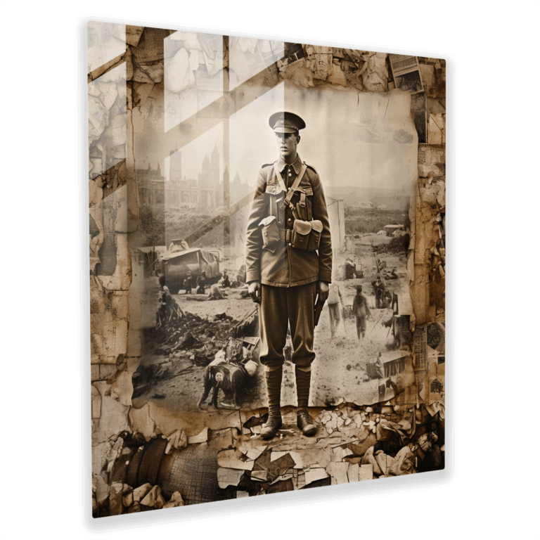 Captivating Glass Print Collage of War-Related Mosaic Photographs