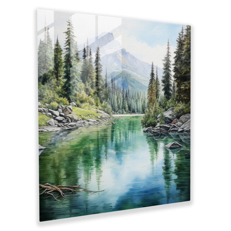 Zen Mountain Lake Glass Print - Zen, Modern Art, Tranquil Watercolor Painting, Glass Wall Art