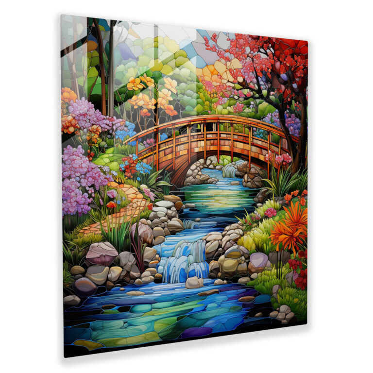 Zen Garden Glass Print - Zen, Peaceful Garden, Flowing Stream, Wooden Bridge